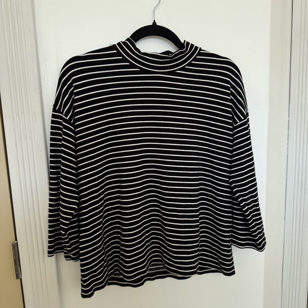 Anthropologie Seen Worn Kept Black and White Striped Mockneck Top SIZE 10
